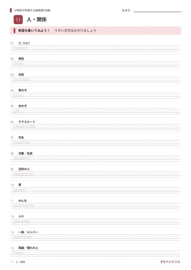 小学校で学習する英単語700語 練習プリント 11 人・関係