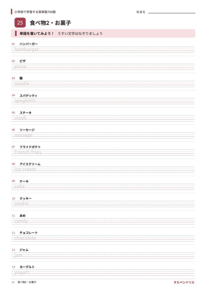 小学校で学習する英単語700語 練習プリント 25 食べ物2・お菓子
