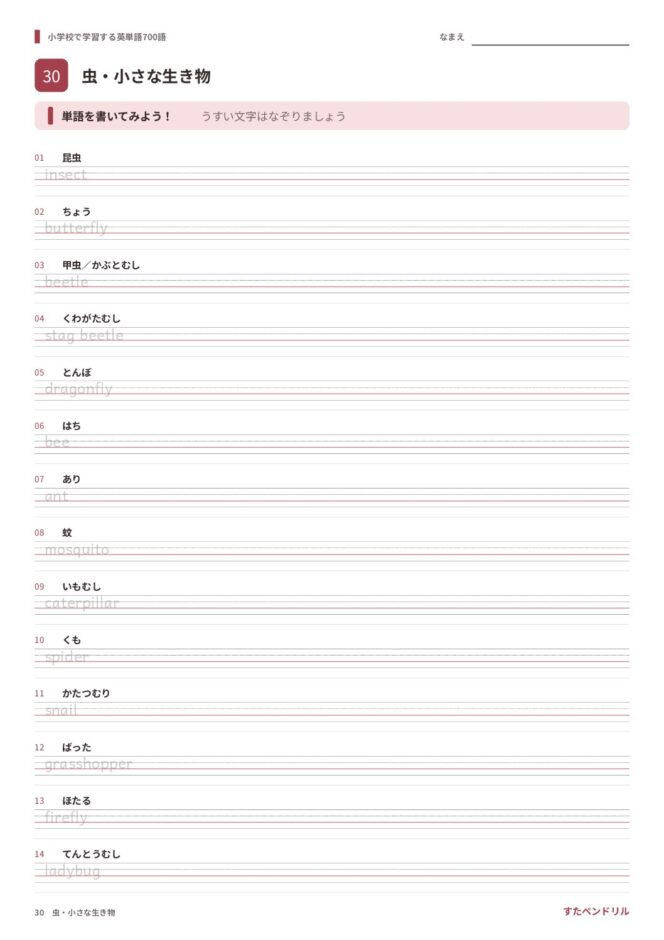 小学校で学習する英単語700語 練習プリント 30 虫・小さな生き物