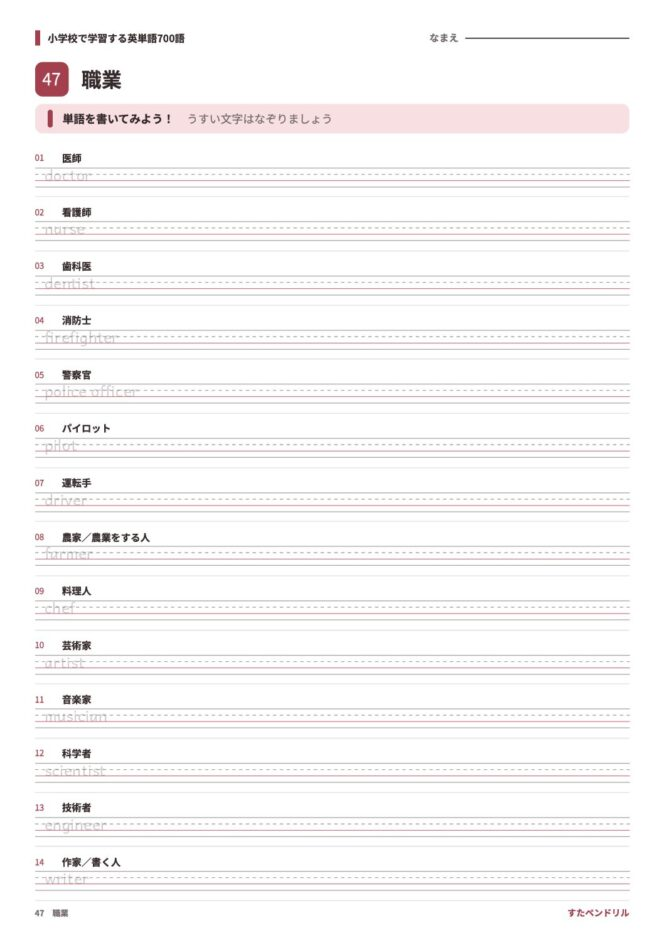 小学校で学習する英単語700語 練習プリント 47 職業