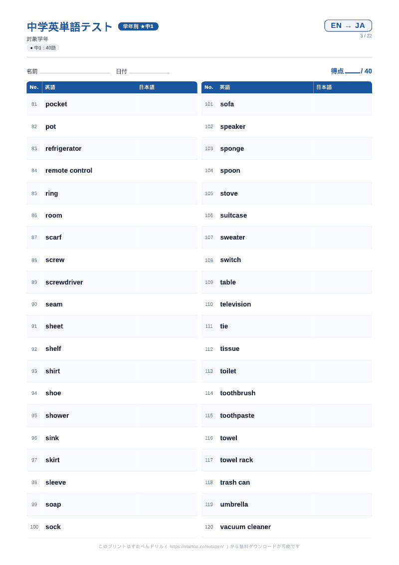 中1英単語テスト 英語→日本語 #3 のプリント見本