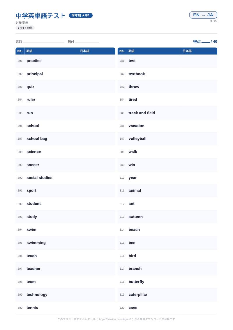 中1英単語テスト 英語→日本語 #8 のプリント見本