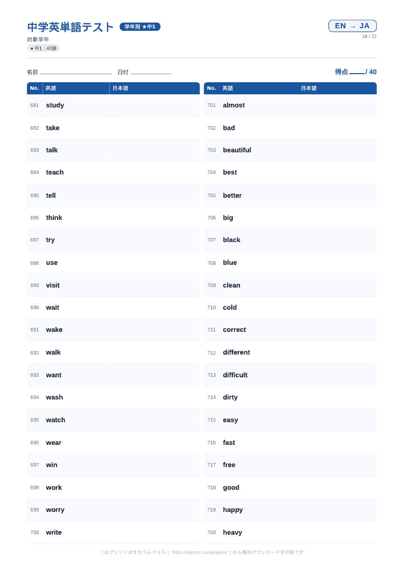中1英単語テスト 英語→日本語 #18 のプリント見本