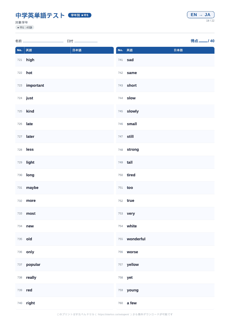 中1英単語テスト 英語→日本語 #19 のプリント見本