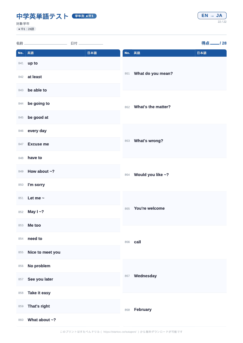 中1英単語テスト 英語→日本語 #22 のプリント見本