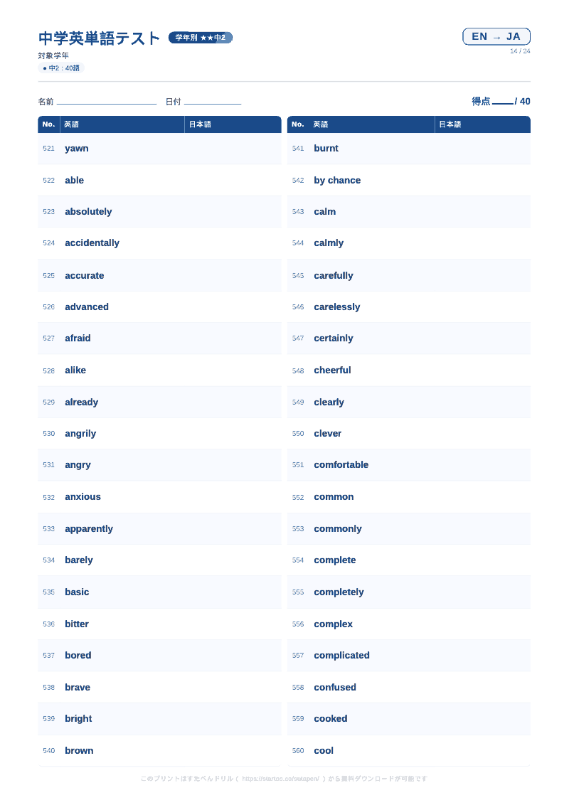 中2英単語テスト 英語→日本語 #14 のプリント見本