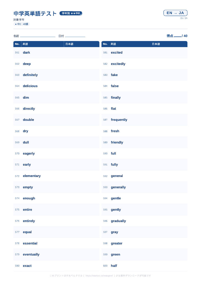 中2英単語テスト 英語→日本語 #15 のプリント見本