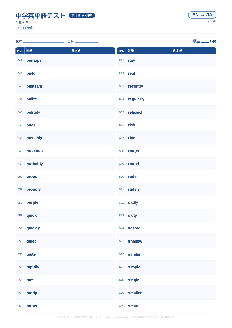 中2英単語テスト 英語→日本語 #17 のプリント見本