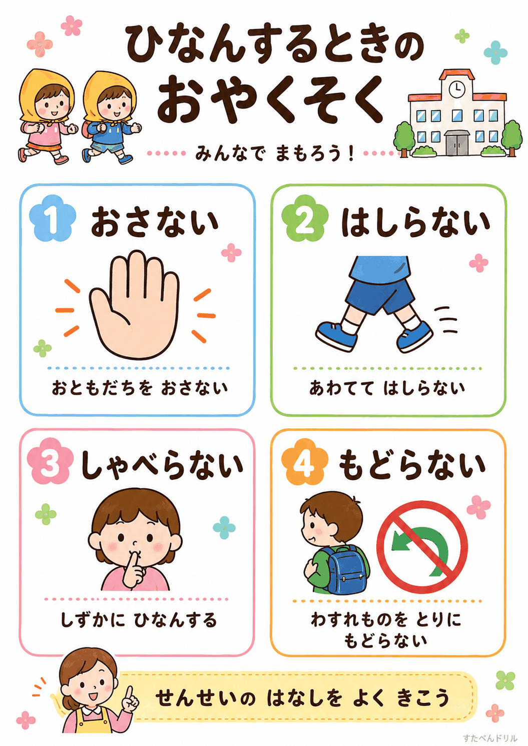 避難訓練 ふり返りカード 無料テンプレート ひなんするときのおやくそく ポスター