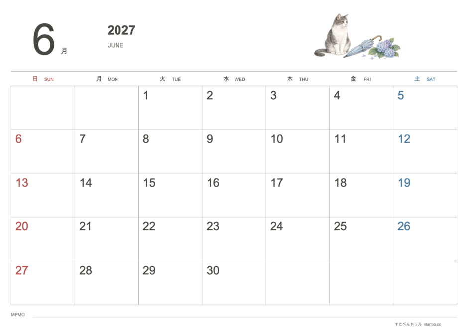 2027年6月 猫カレンダー 水彩・色鉛筆風（A4横・日曜始まり・祝日名入り）｜無料ダウンロード・印刷