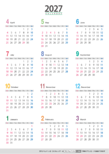 2027年度 年間カレンダー カラフル版