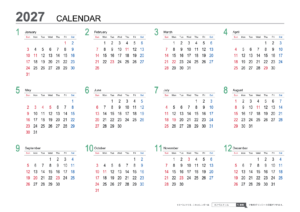 2027年 年間カレンダー シンプル 日曜始まり