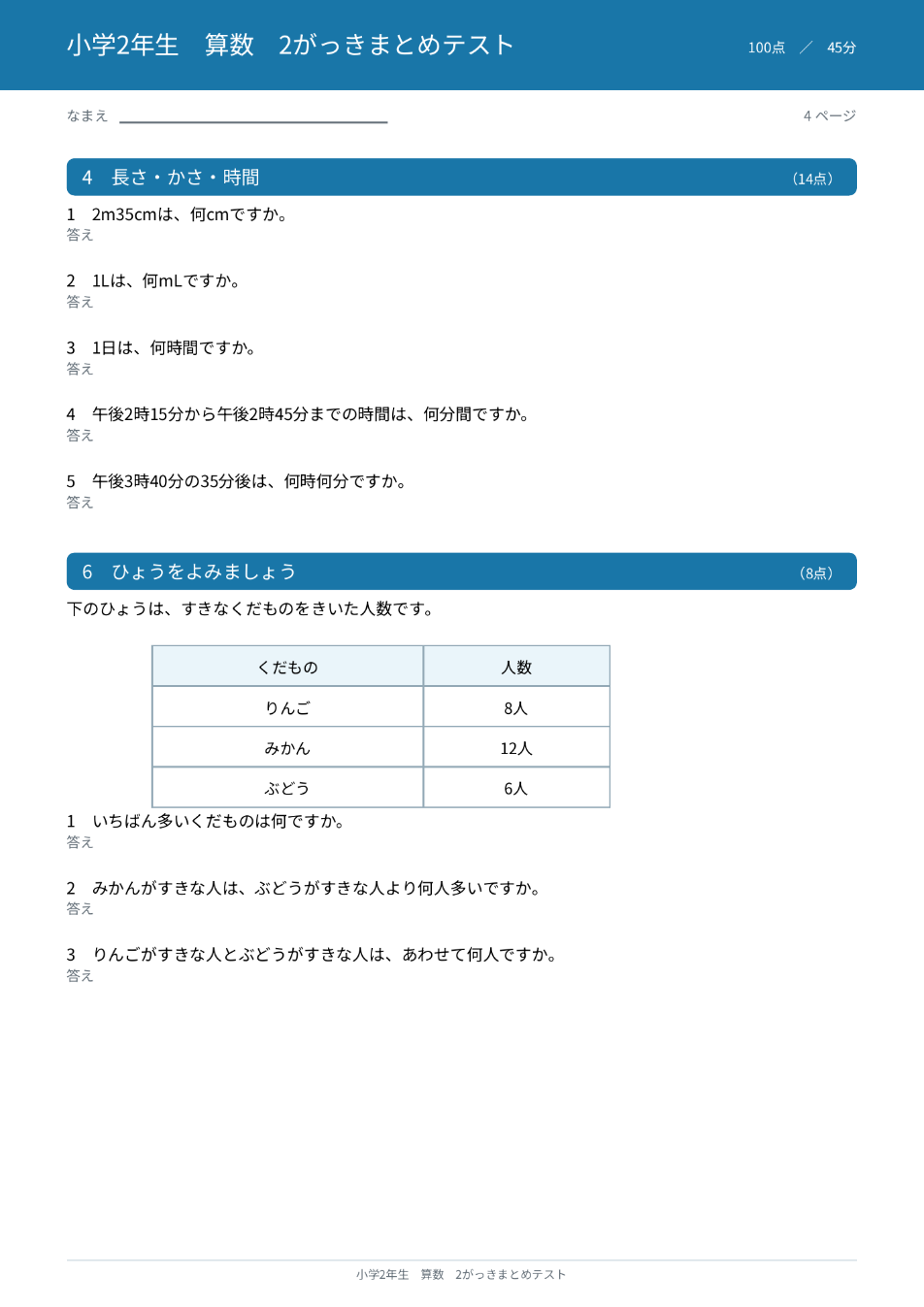 小学2年生算数 2学期まとめテスト 4ページ目 長さ・かさ・時間とひょうの読み取り