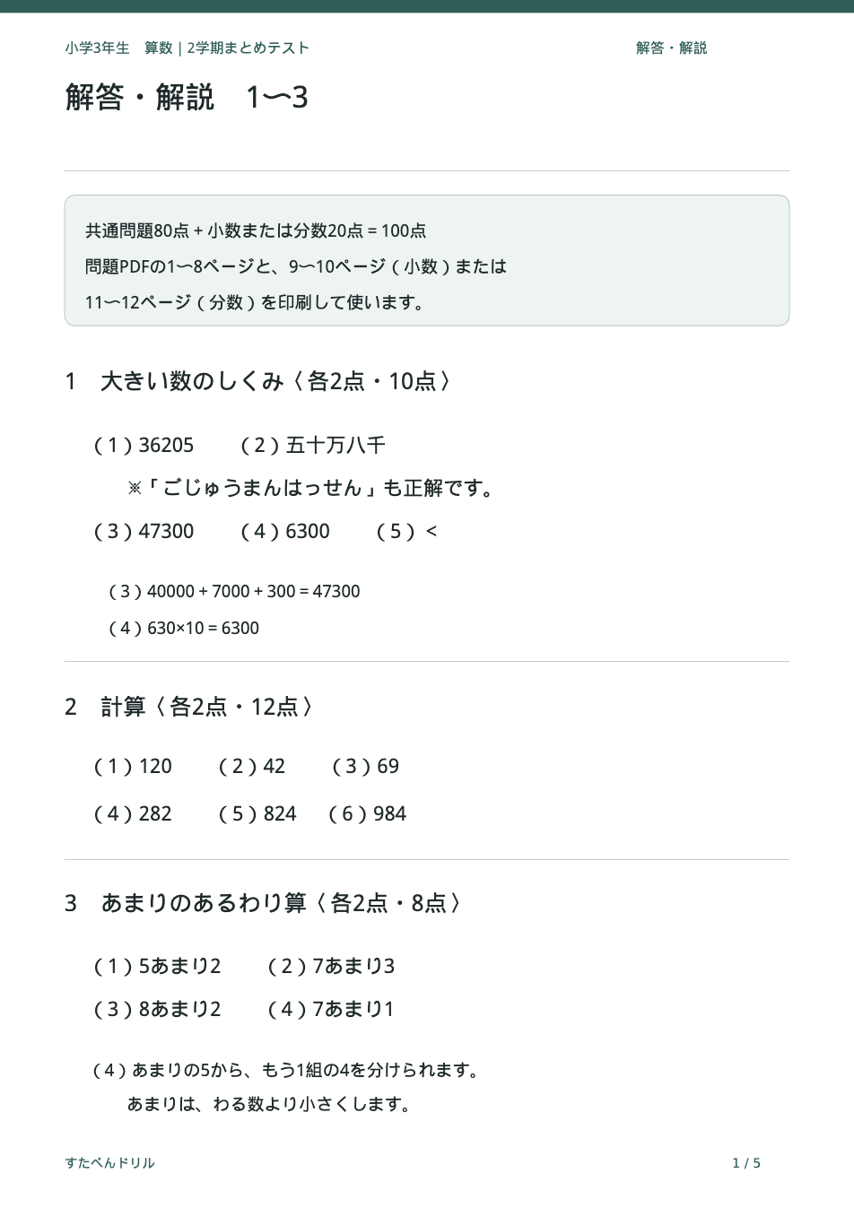 小学3年生算数 2学期まとめテストの解答・解説ページ(大問ごとの正答と配点)