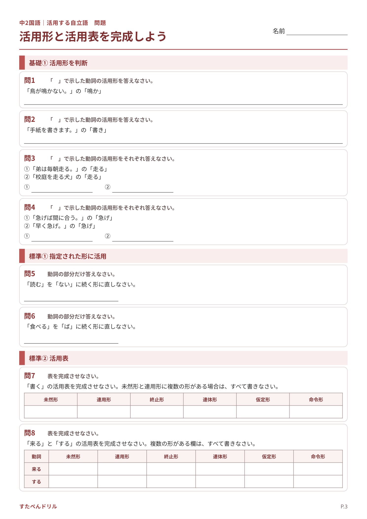 中2国語 動詞の活用プリント3 活用形と活用表