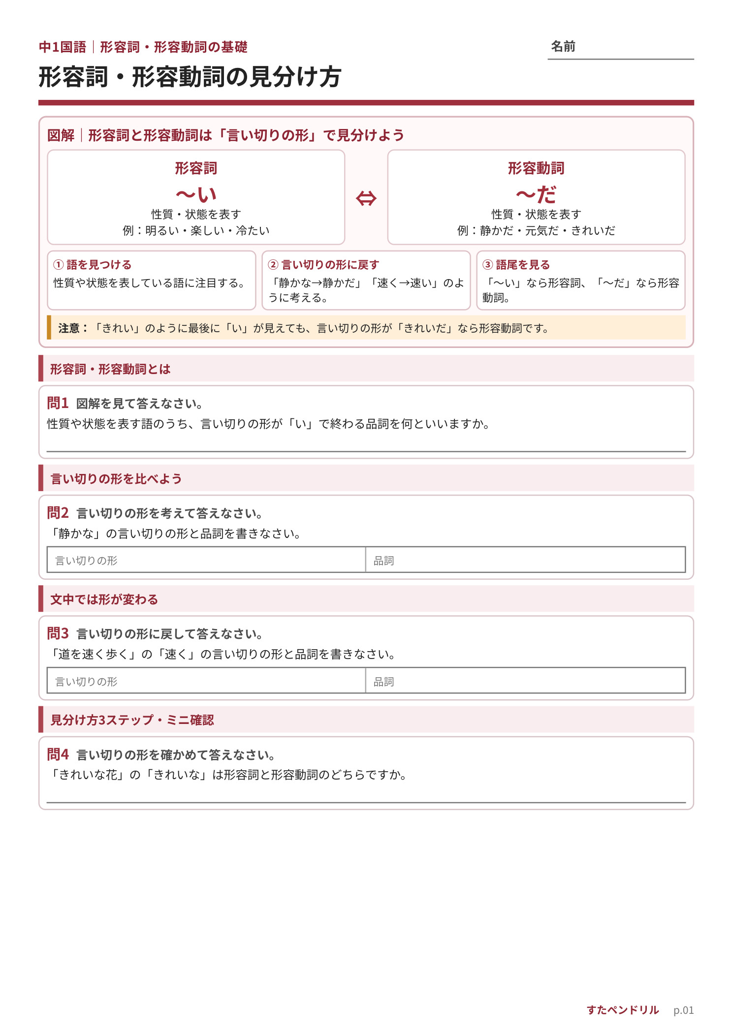 中1国語 形容詞・形容動詞プリント1 図解+基礎確認