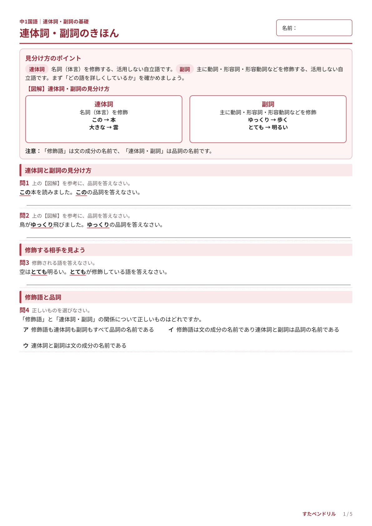 中1国語「連体詞・副詞」プリント1 図解+基礎確認