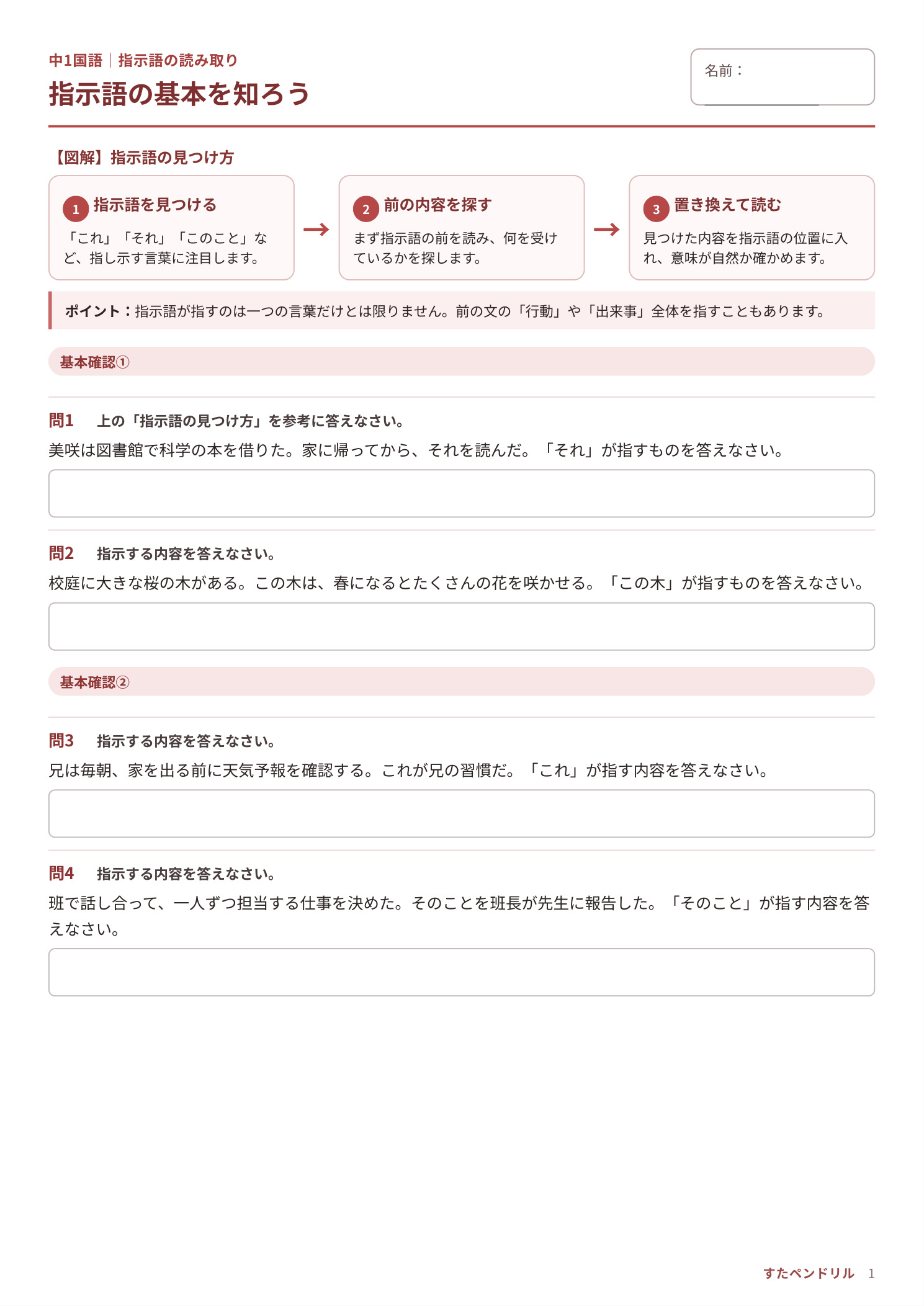 中1国語 指示語の読み取りプリント1 図解+基本確認