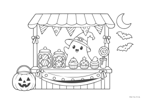 ハロウィン ぬりえ 21 おばけのお菓子屋さん（少し複雑）
