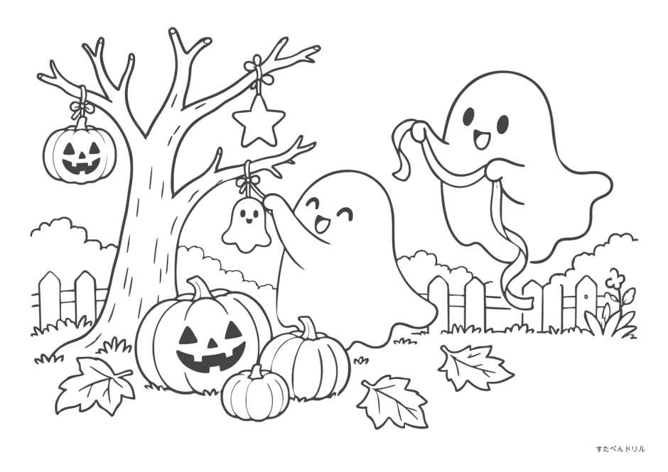 ハロウィン ぬりえ 22 木の下のおばけたち(少し複雑・無料プリント)