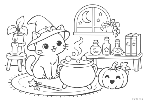 ハロウィン ぬりえ 23 魔女猫の魔法のお部屋（少し複雑）