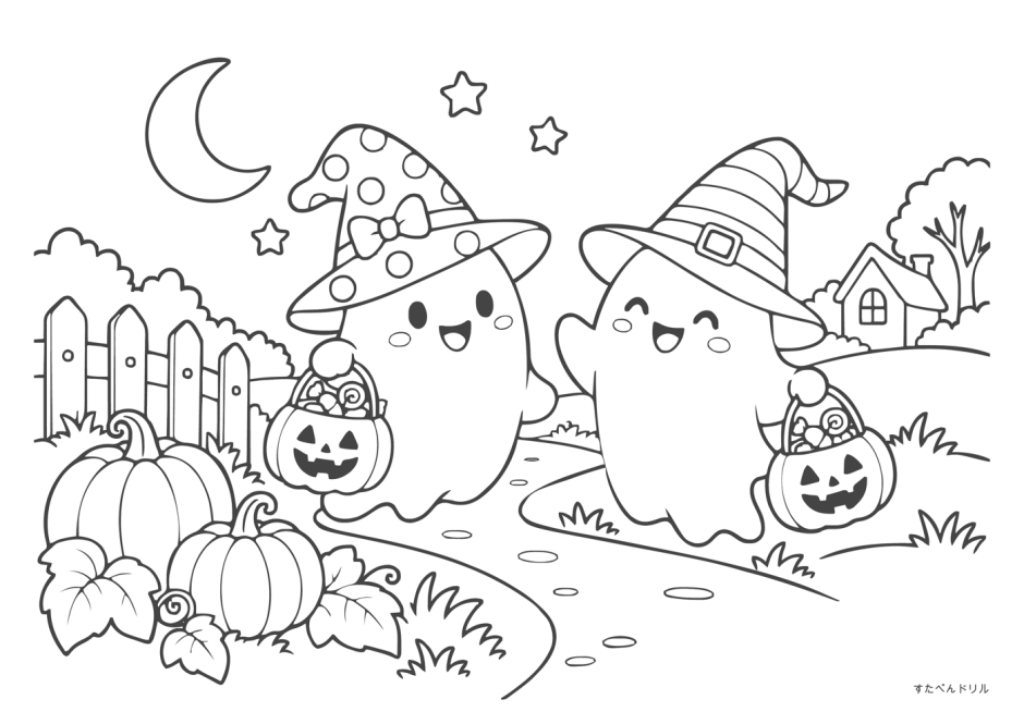 ハロウィン ぬりえ 24 魔女帽子のおばけとかぼちゃ畑(少し複雑・無料プリント)