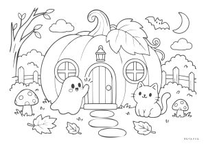 ハロウィン ぬりえ 25 かぼちゃのおうちと猫（少し複雑）