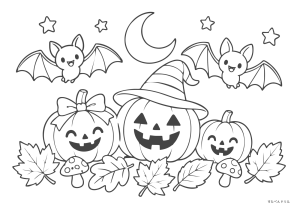ハロウィン ぬりえ 28 かぼちゃランタンとこうもりの夜（少し複雑）