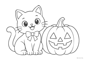 ハロウィン ぬりえ 05 リボンの猫とかぼちゃ（かんたん）