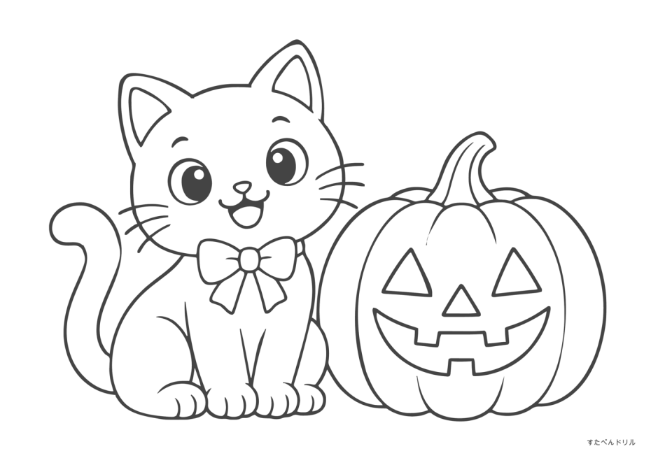 ハロウィン ぬりえ 05 リボンの猫とかぼちゃ(かんたん・無料プリント)