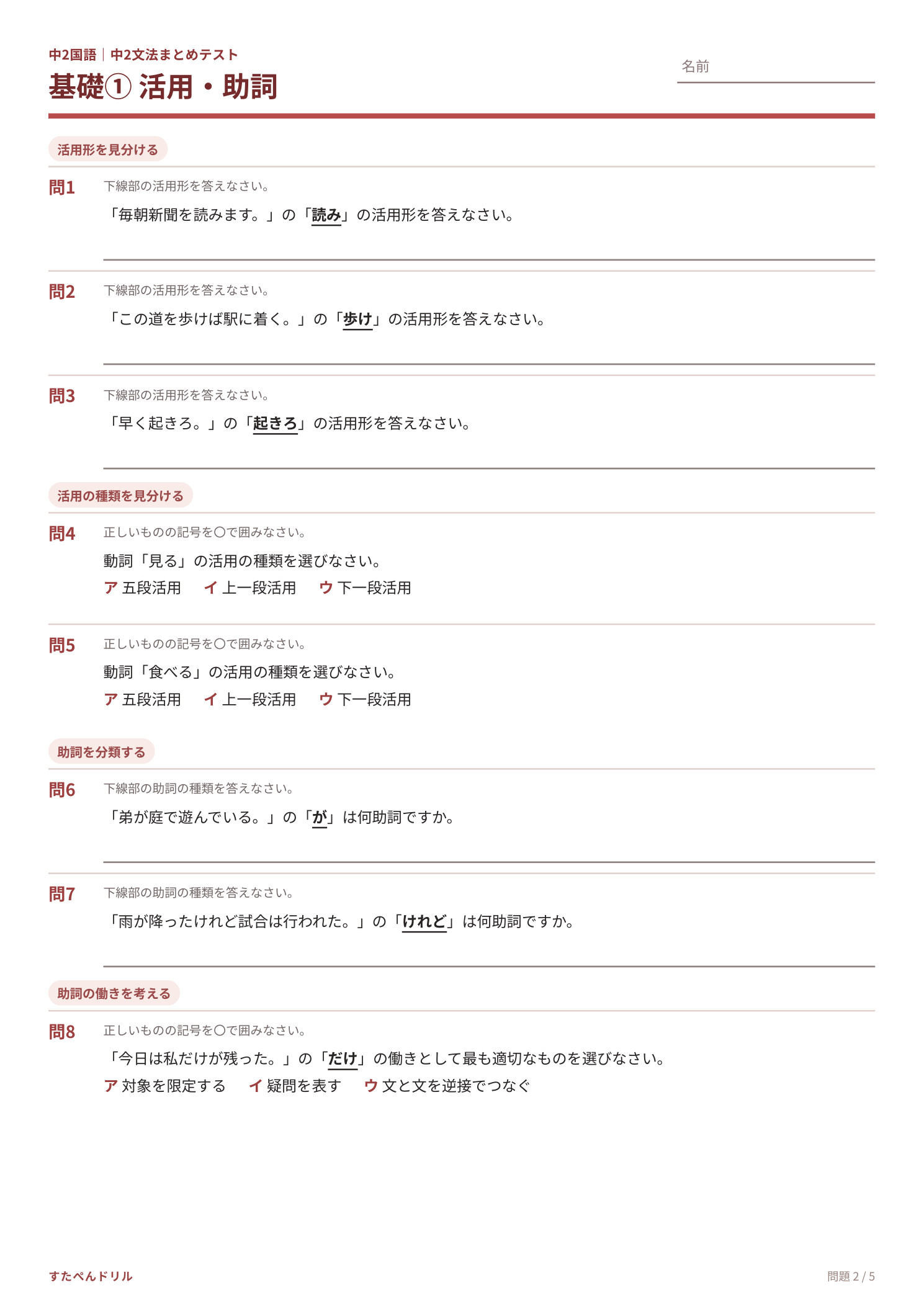 中2国語 文法まとめテスト プリント2の問題