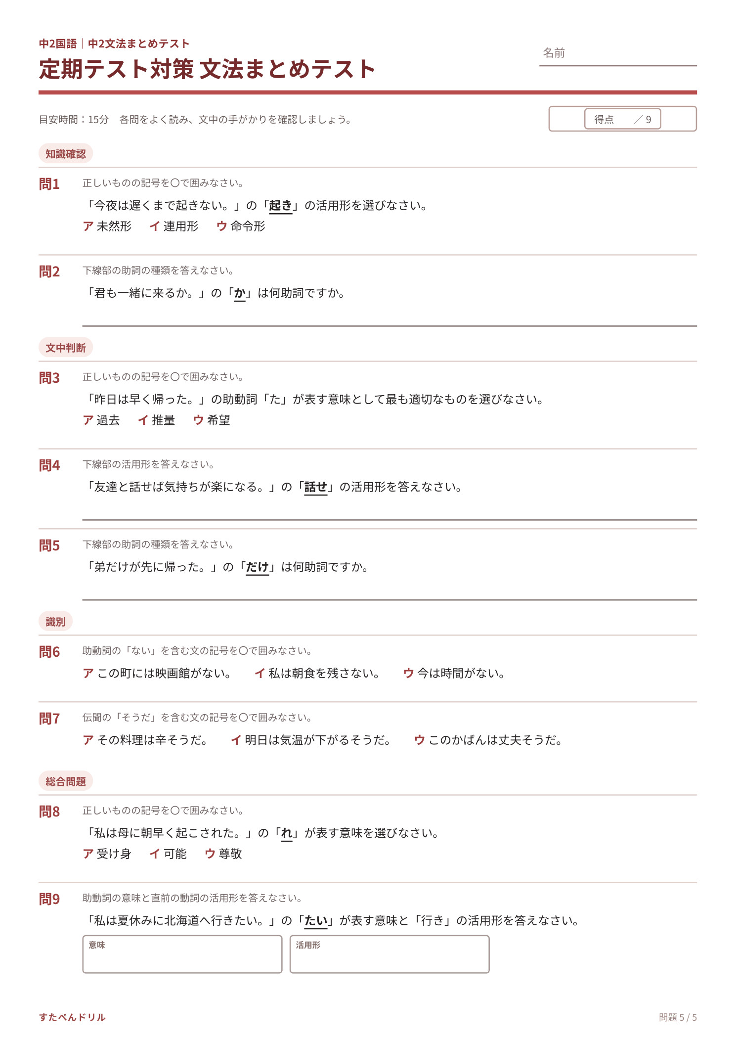 中2国語 文法まとめテスト プリント5の問題