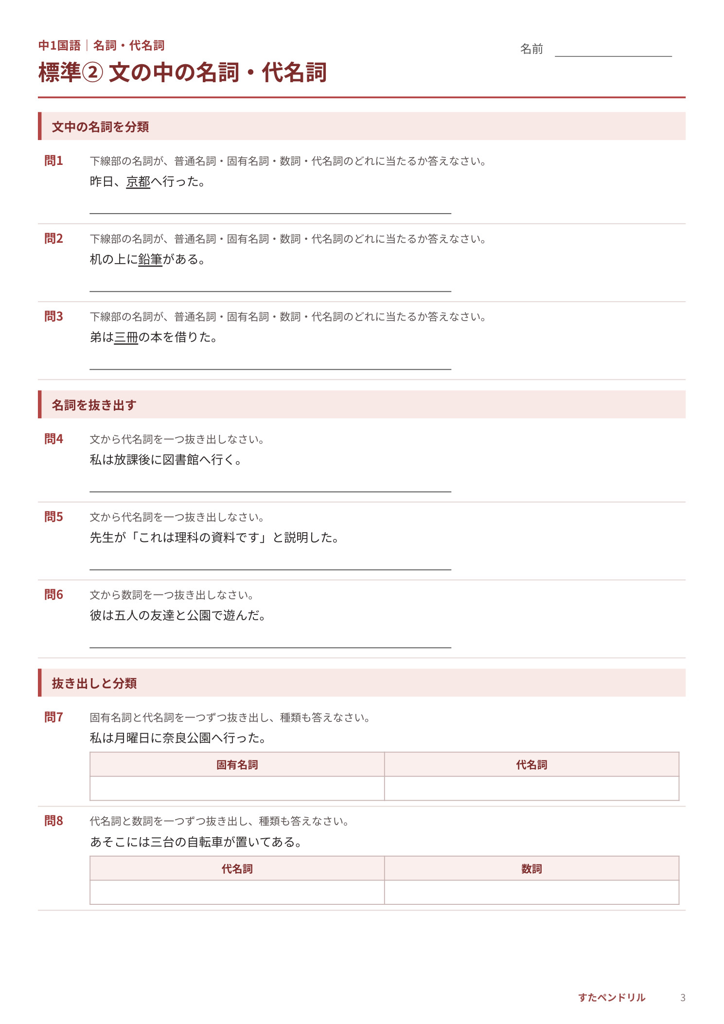 中1国語「名詞・代名詞」標準② 文の中の名詞・代名詞プリント