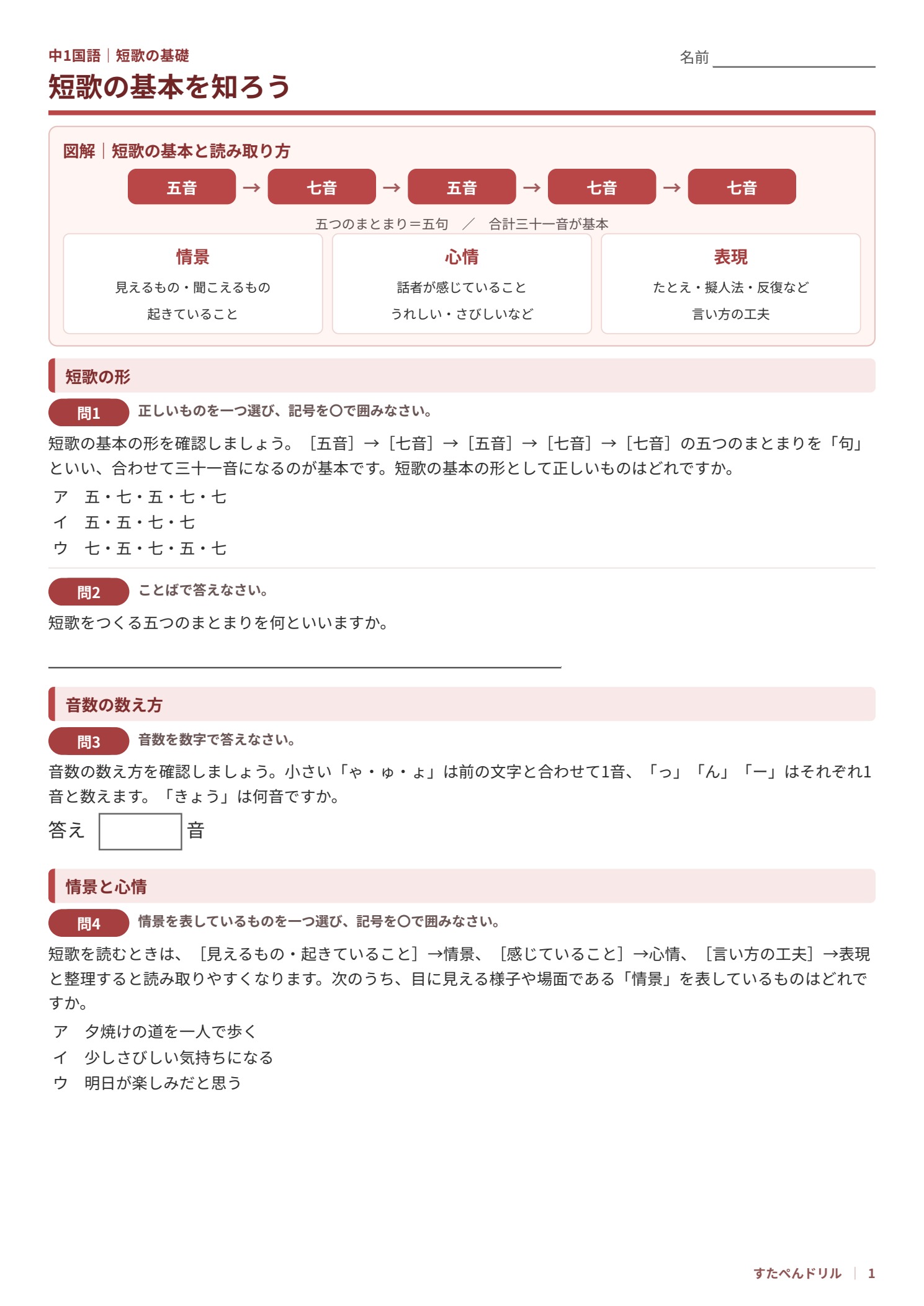 中1国語 短歌の基本を知る図解・基礎問題プリント