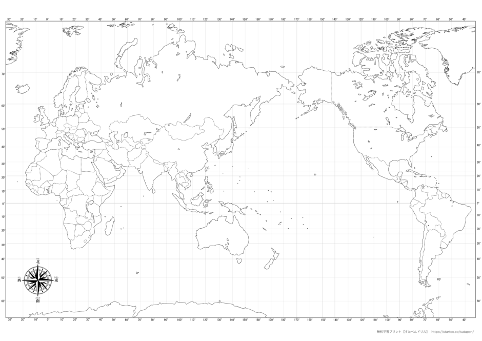国名なし世界地図 A4横 白黒・見出しなし