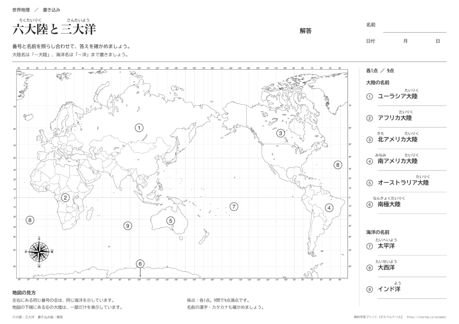 六大陸と三大洋の書き込みテストの解答と、各1点・9点満点の採点欄