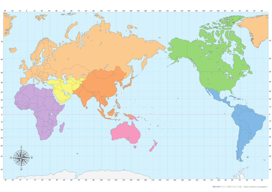 国名なし世界地図 A4横 カラー・見出しなし