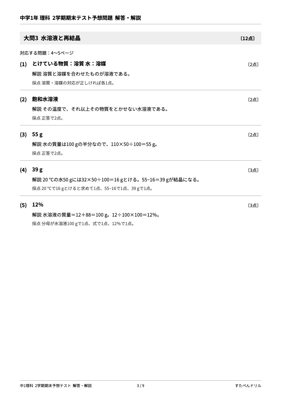 中1理科2学期期末テスト予想問題 解答・解説（大問3 水溶液と再結晶の解説と計算の採点基準）