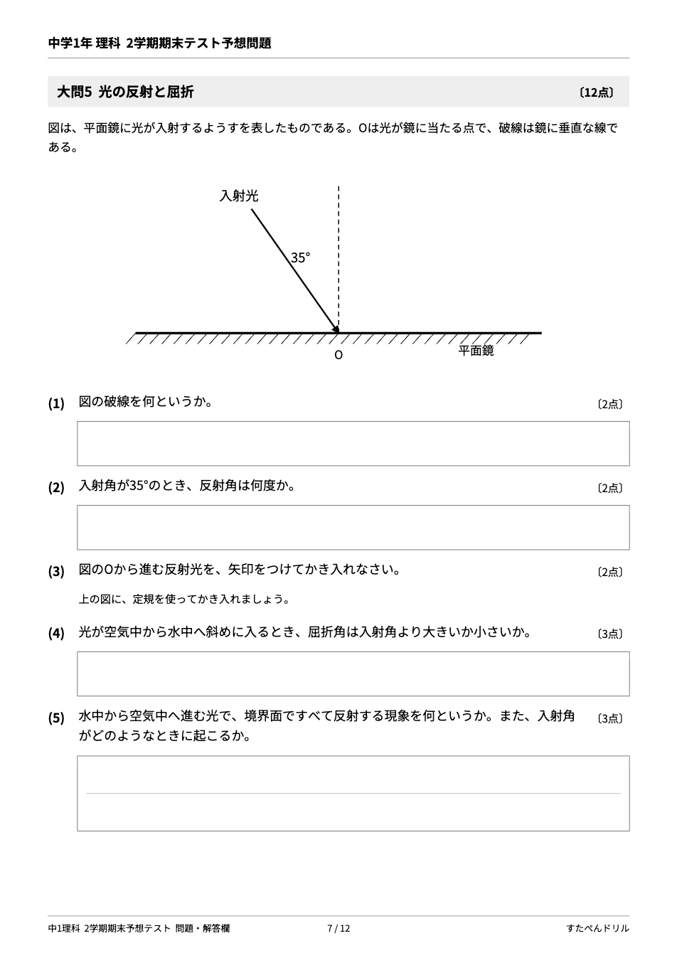 中1理科2学期期末テスト予想問題 7ページ目（大問5 光の反射と屈折：平面鏡の反射光を作図する問題）