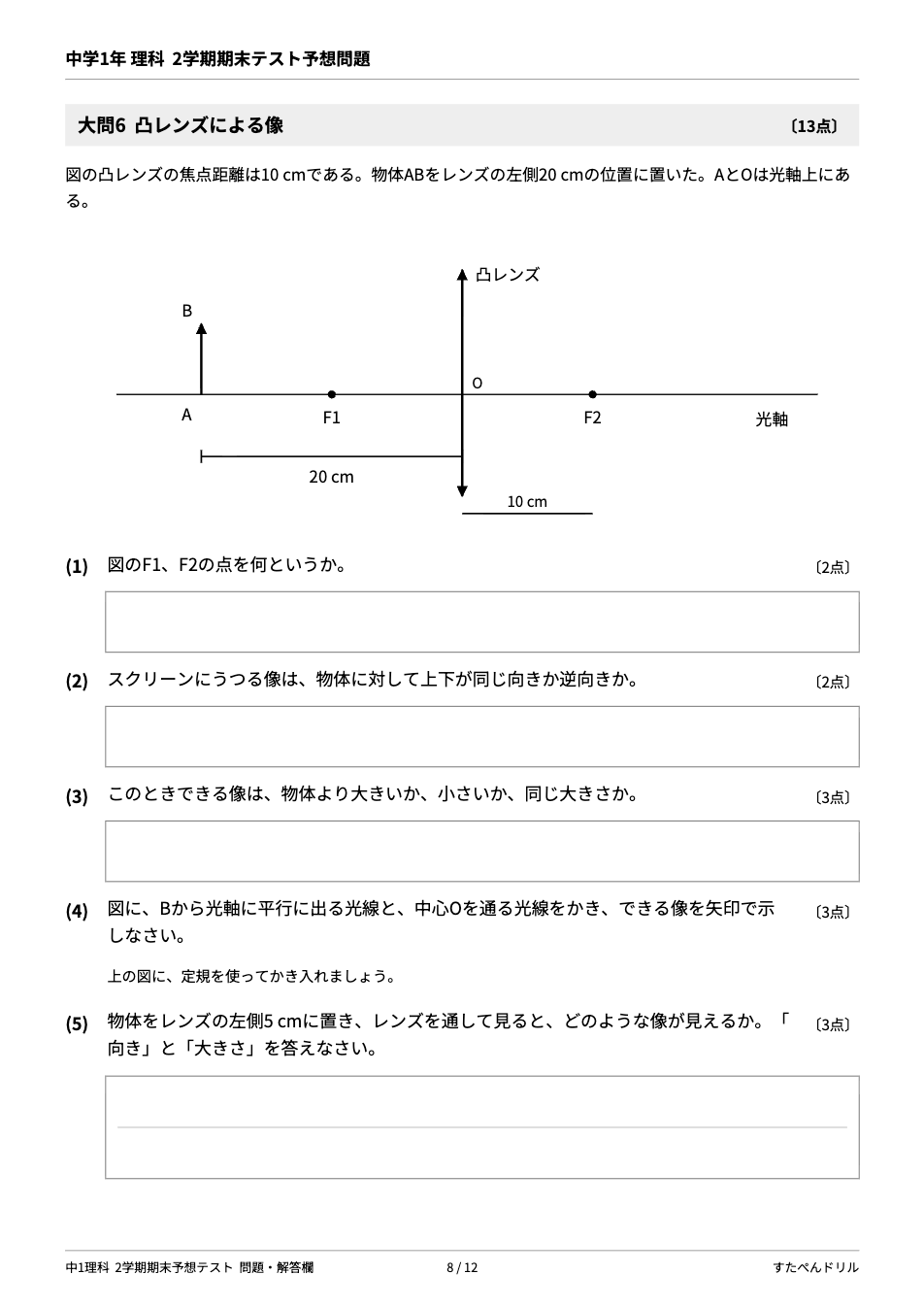 中1理科2学期期末テスト予想問題 8ページ目（大問6 凸レンズによる像：光線と像を作図する問題）