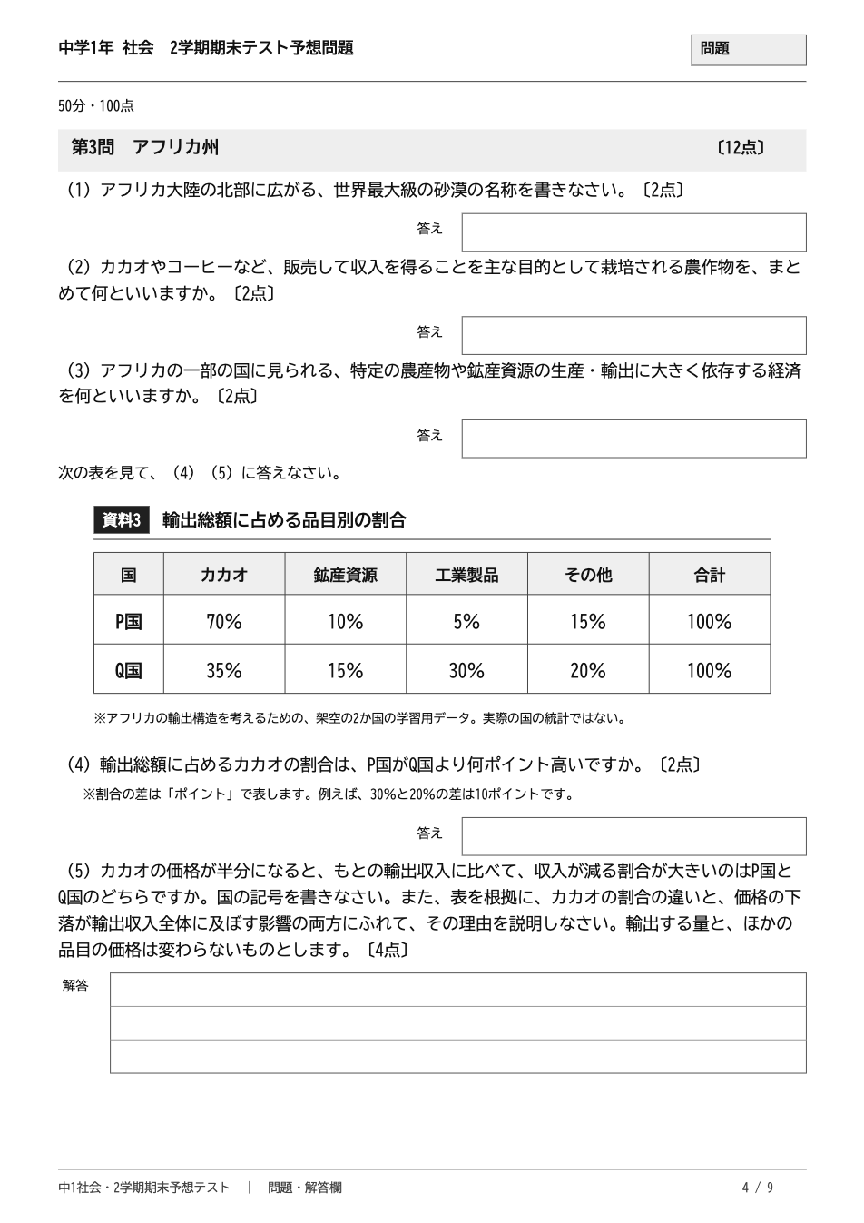 中1社会2学期期末テスト予想問題 4ページ目(第3問 アフリカ州:輸出品目の割合の表を読み取る問題)