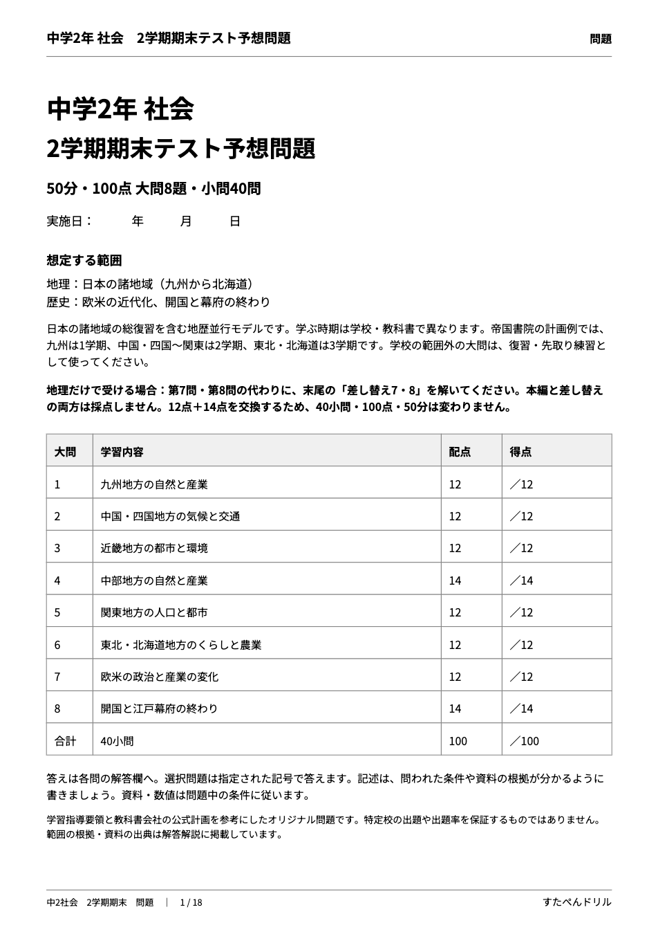 中2社会2学期期末テスト予想問題 1ページ目（表紙：想定する範囲と大問ごとの配点・得点欄）