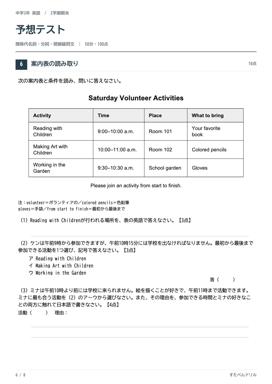 中3英語2学期期末テスト予想問題 6ページ目（案内表の読み取り：ボランティア活動の時間・場所・持ち物の表）