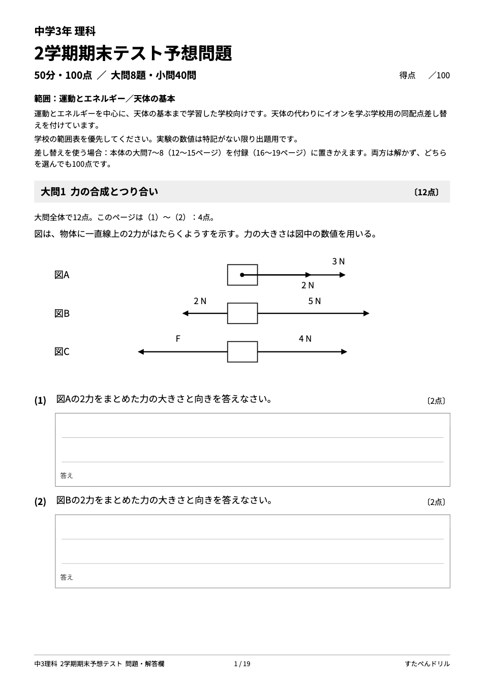 中3理科 2学期期末テスト予想問題の1ページ目（力の合成とつり合い）