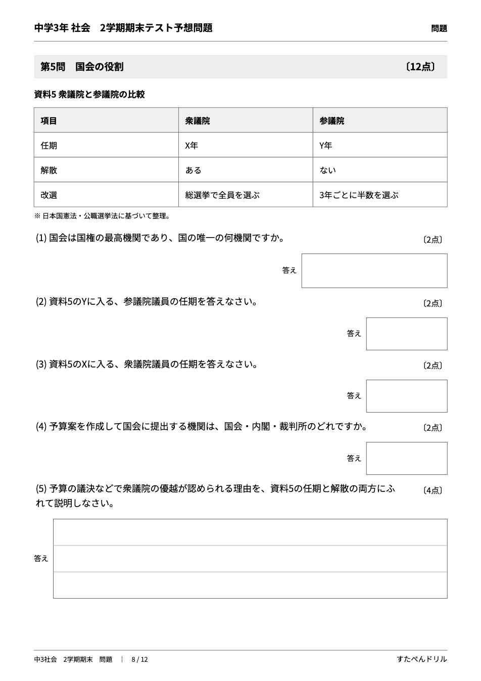 中3社会2学期期末テスト予想問題 8ページ目（第5問 国会の役割：衆議院と参議院の比較の表）