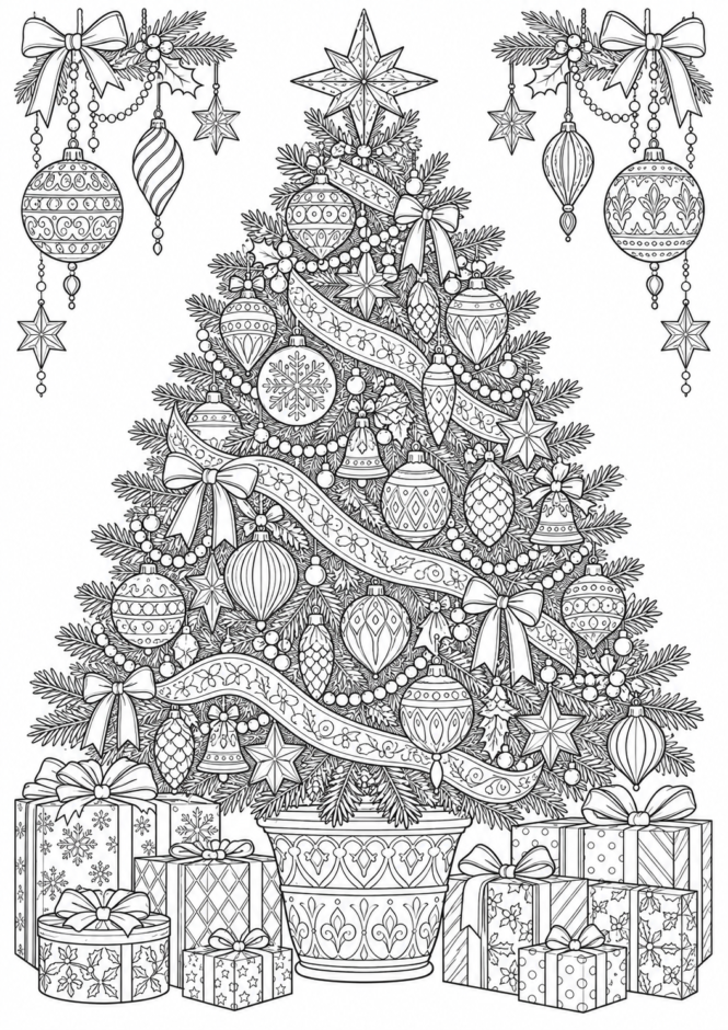 難しいクリスマスツリーの塗り絵|華やかな飾りとプレゼント クリスマス ぬりえ 無料プリント No.36(むずかしい)