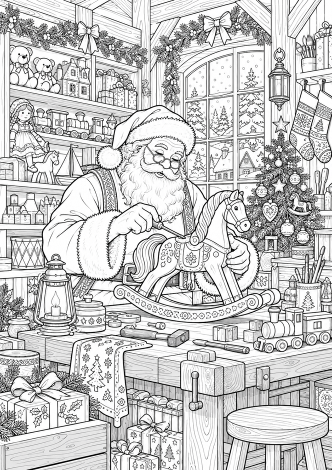 サンタクロースのおもちゃ工房の塗り絵【難しい】 クリスマス ぬりえ 無料プリント No.37(むずかしい)