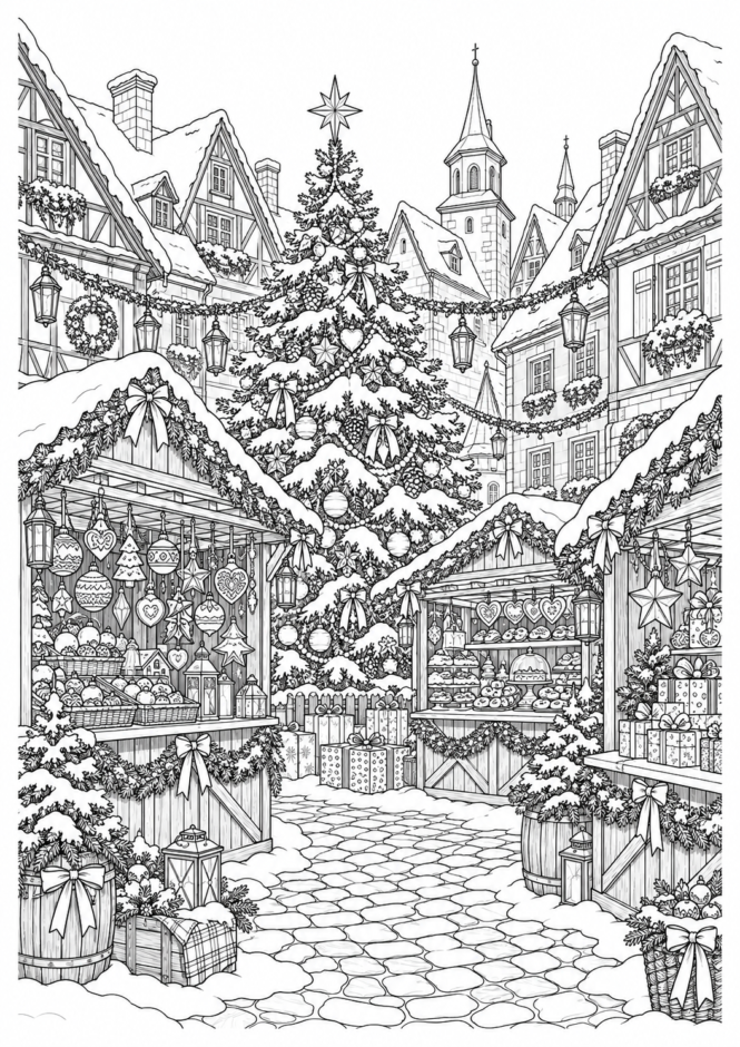 雪のクリスマスマーケットの塗り絵【難しい】 クリスマス ぬりえ 無料プリント No.38(むずかしい)