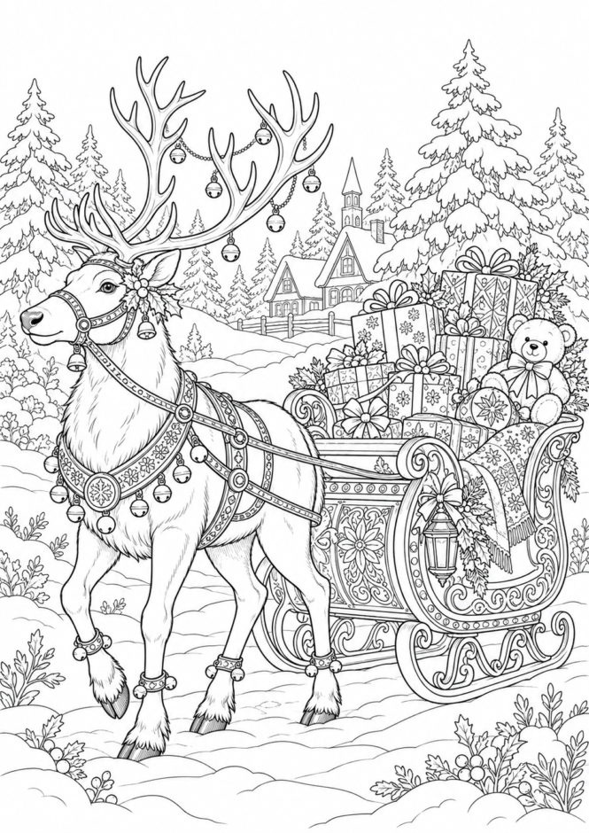 トナカイとプレゼントのそりの塗り絵【難しい】 クリスマス ぬりえ 無料プリント No.40(むずかしい)