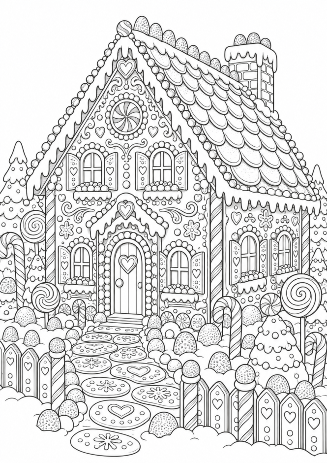 クリスマスのお菓子の家の塗り絵【難しい】 クリスマス ぬりえ 無料プリント No.41(むずかしい)
